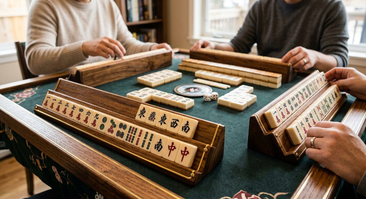 Four people playing mahjong around a green table