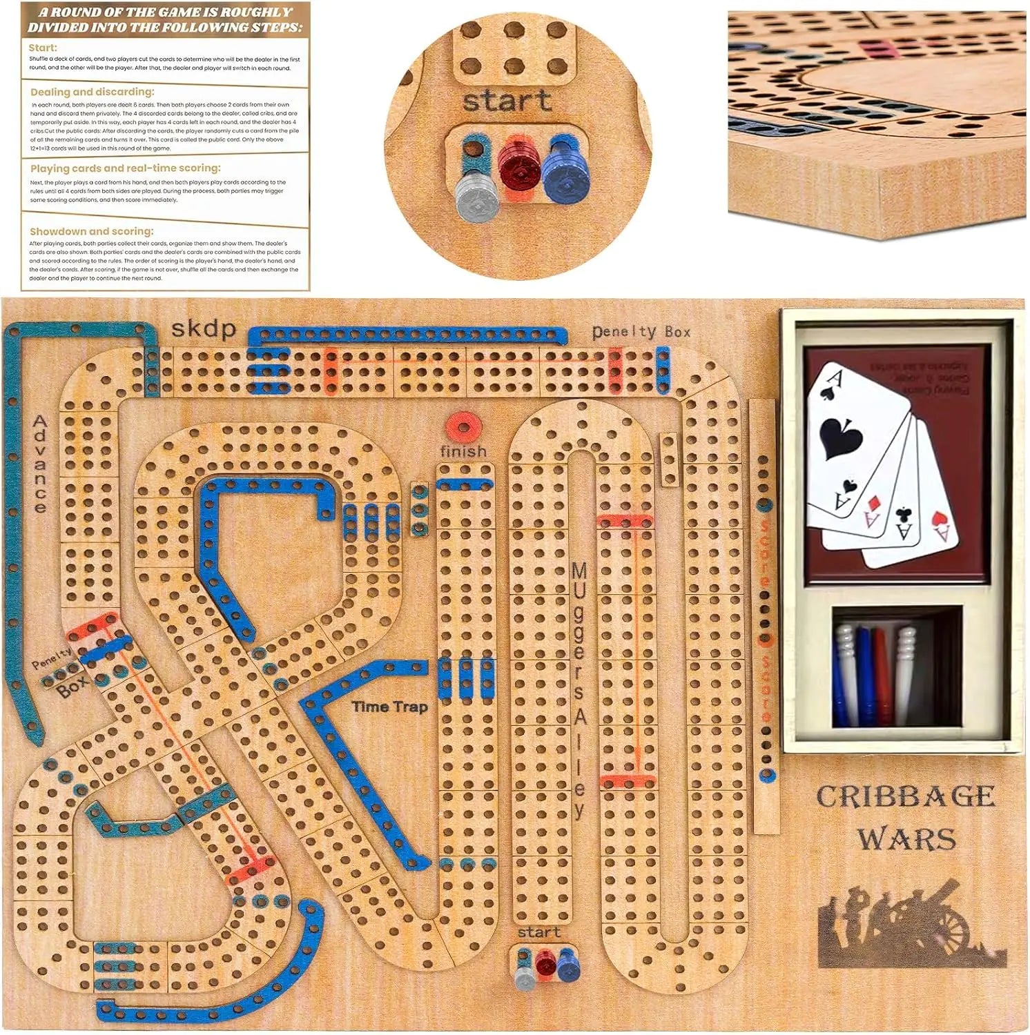 Wooden Cribbage Board Game – Classic 3-Track Cribbage Set for Family & Bar Game Nights
