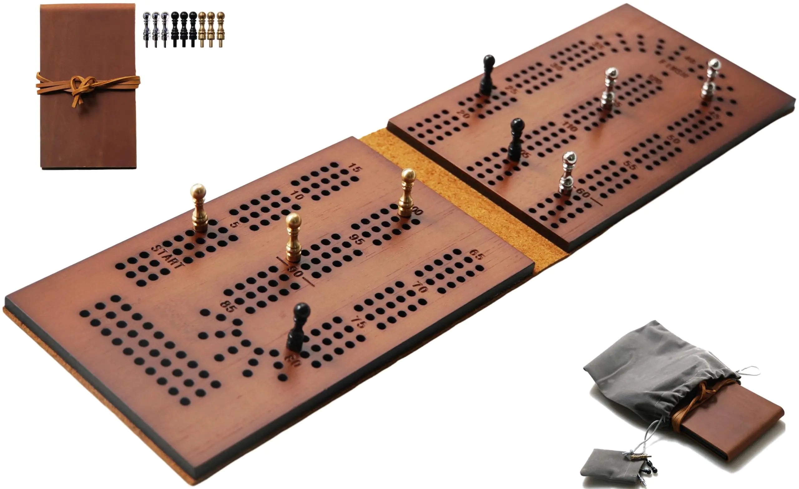 Travel Cribbage Board – Leather and Bamboo 3-Track Pocket Cribbage Set for On-the-Go Play