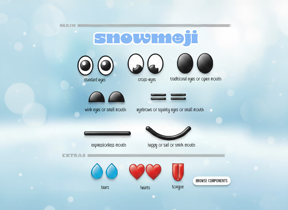 Snowmoji face pieces laid out: eyes, eyebrows, noses, mouths and buttons