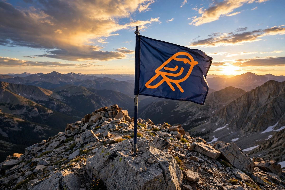 A navy flag bearing the orange GamePerch bird at the summit of a Colorado mountain